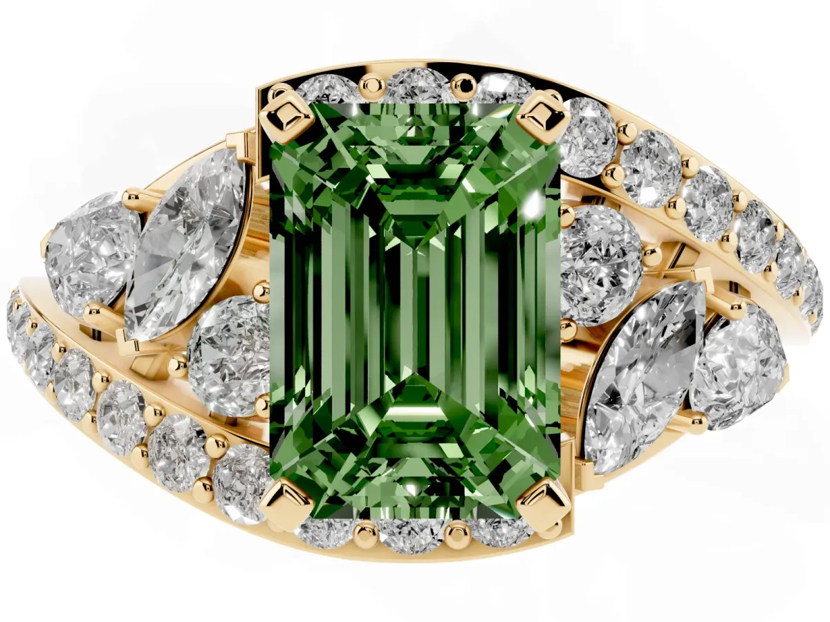Fancy Green Emerald Cut Diamond Halo Ring with Marquise and Pavé Band in Prong Setting Yellow gold