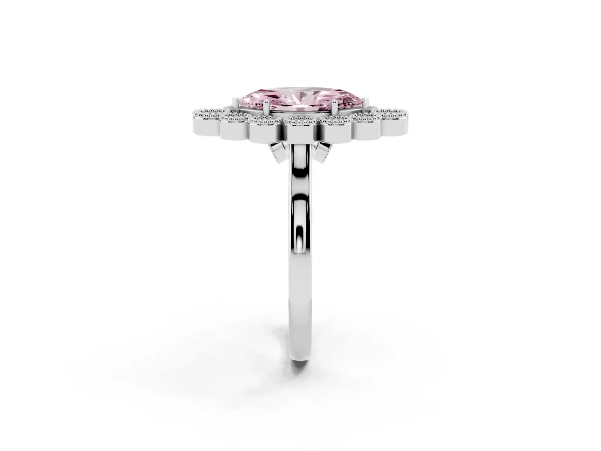 Fancy Pink Marquise Cut Halo Diamond Cluster Engagement Ring with Milgrain Bezel Setting and Solitaire Band White gold