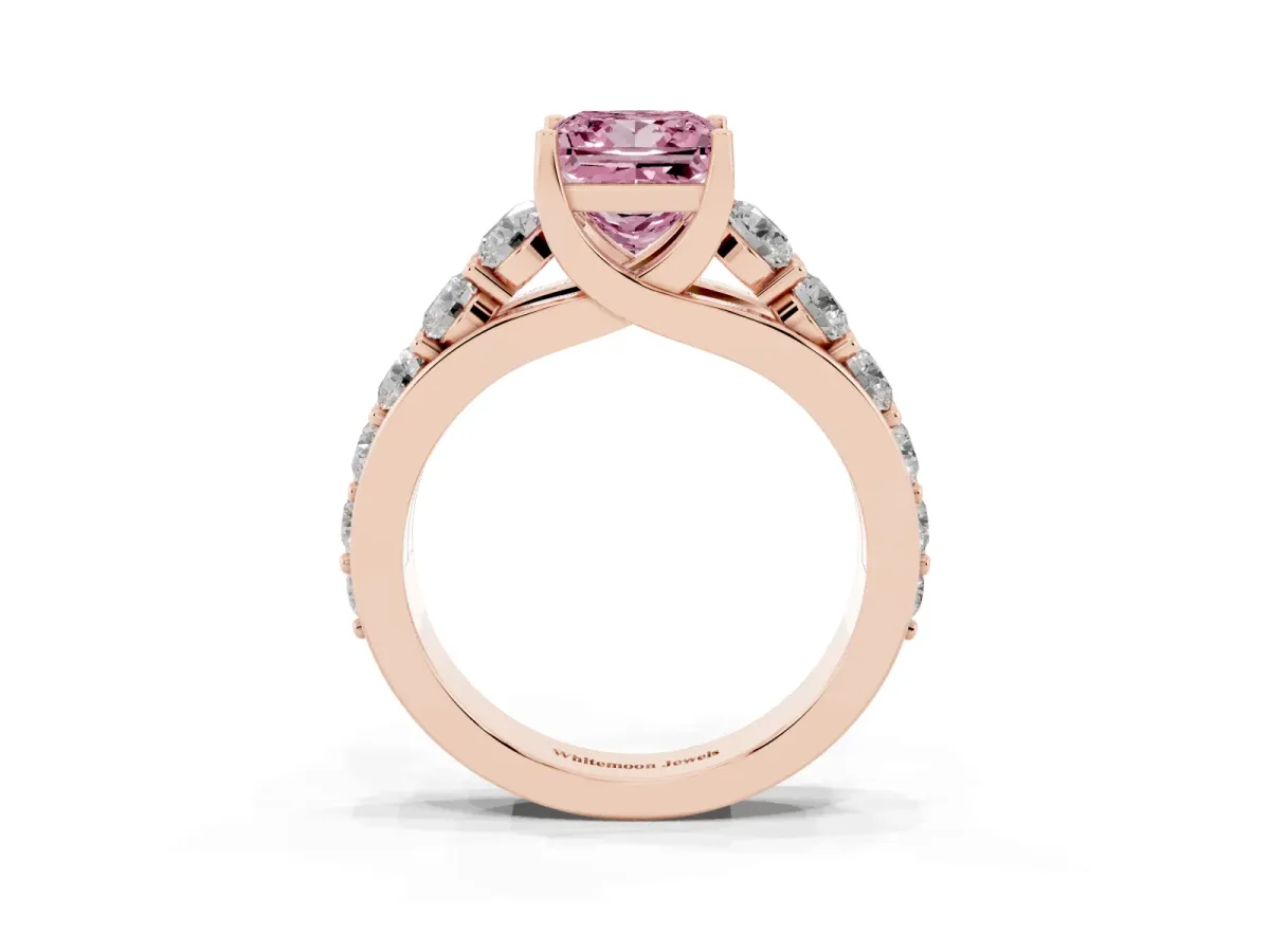 Fancy Pink Princess Cut Diamond Engagement Ring with Pavé Band and Four-Prong Setting Rose gold