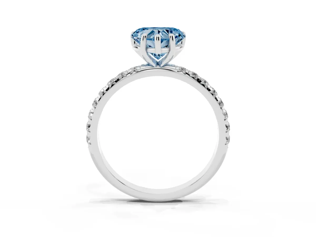 Fancy Blue Heart Cut Cut Diamond Solitaire Ring with Micro Pave Band and Four Prong Setting Silver