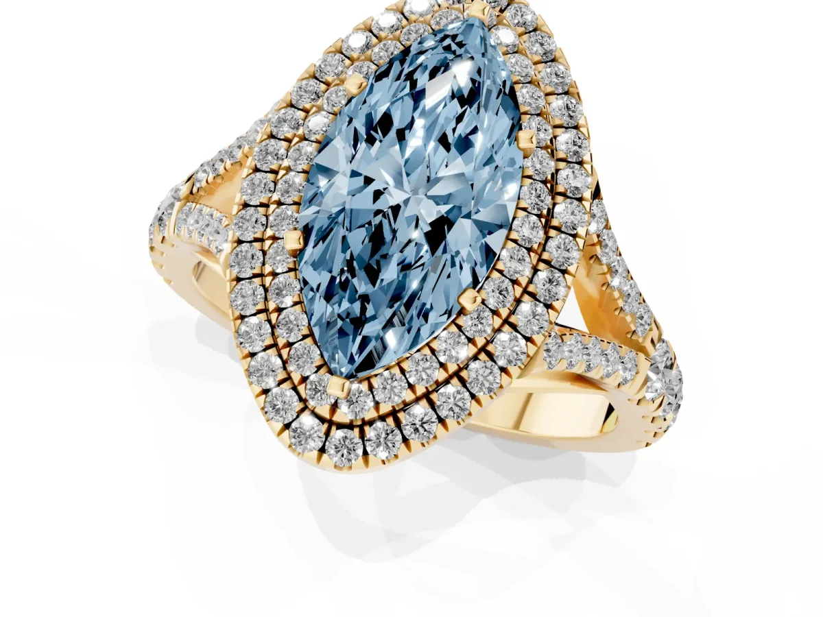 Fancy Blue Marquise Cut Cut Double Halo Split Shank Diamond Ring with Prong Setting Yellow gold