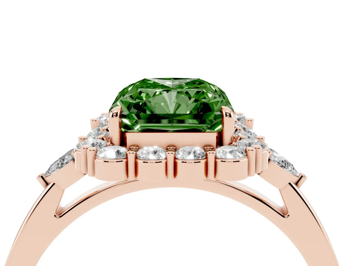 Fancy Green Radiant Cut Diamond Halo Ring with Pear Side Stones and Prong Setting Rose gold