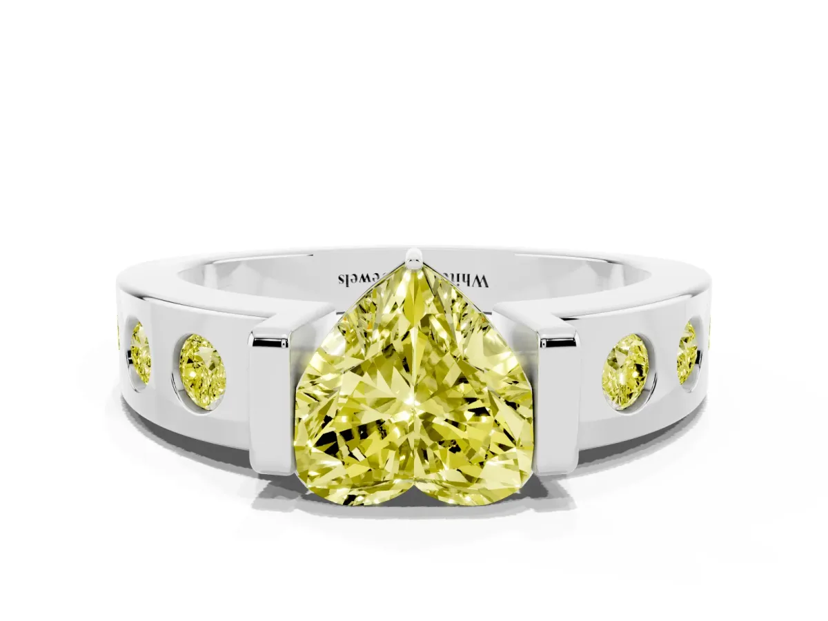 Fancy Yellow Heart Cut Brilliant Channel-Set Diamond Ring with Bezel Prong Setting Platinum