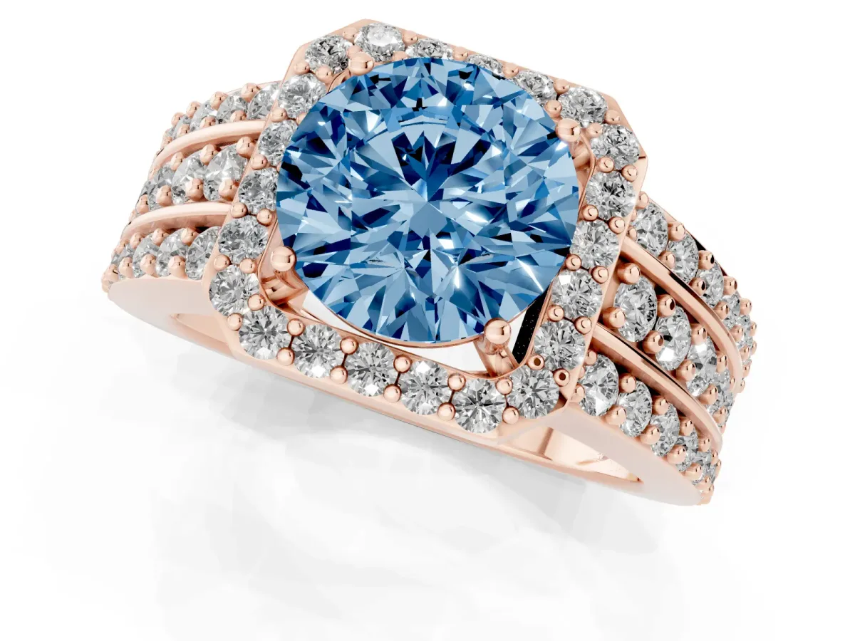 Fancy Blue Round Cut Halo Diamond Ring with Round Split Shank and Prong Setting Rose gold
