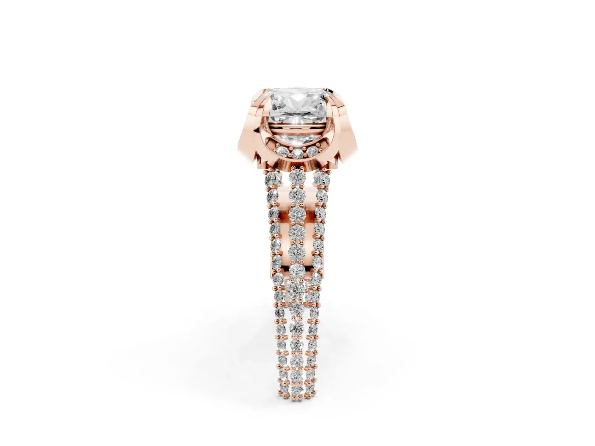 Cushion Cut Solitaire Pave Split Shank Ring with Four-Prong Setting Rose gold