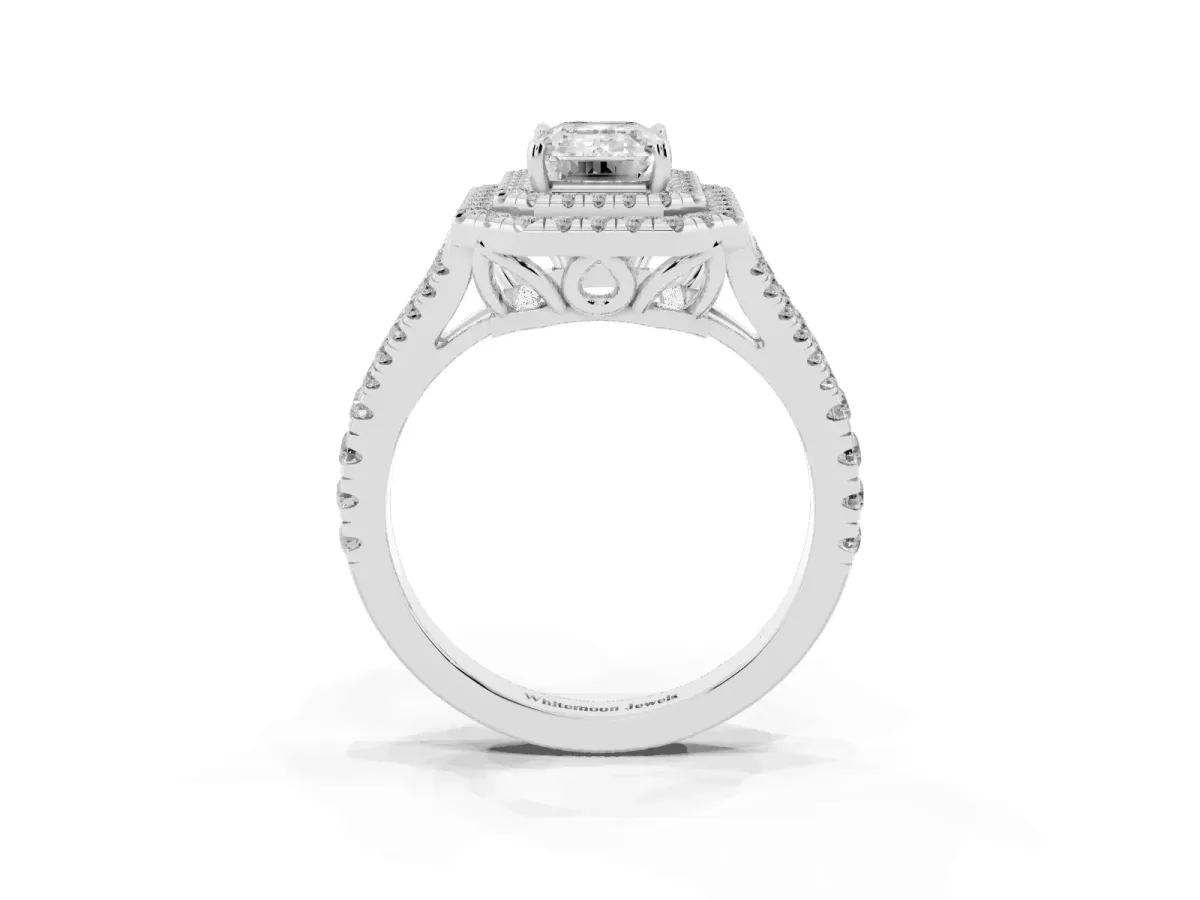 Emerald Cut Diamond Double Halo Ring with Pavé Band and Prong Setting Silver