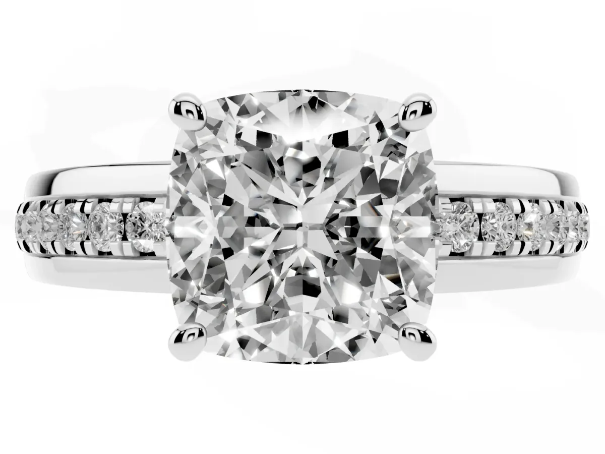 Cushion Cut Solitaire Diamond Ring with Channel Set Band and Six-Prong Setting Silver