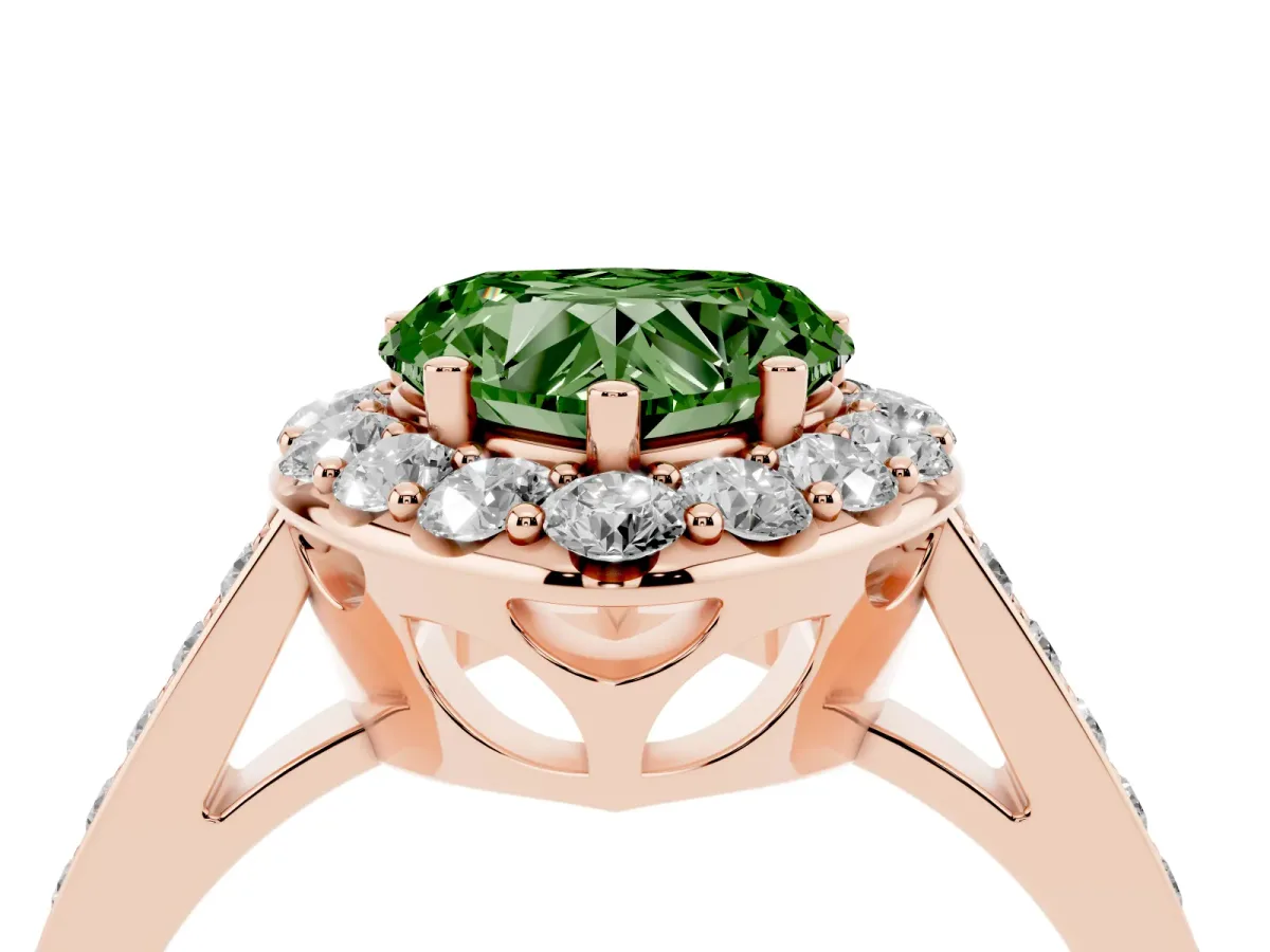 Fancy Green Heart Cut Diamond Floral Halo Ring with Pavé Band and Prong Setting Rose gold