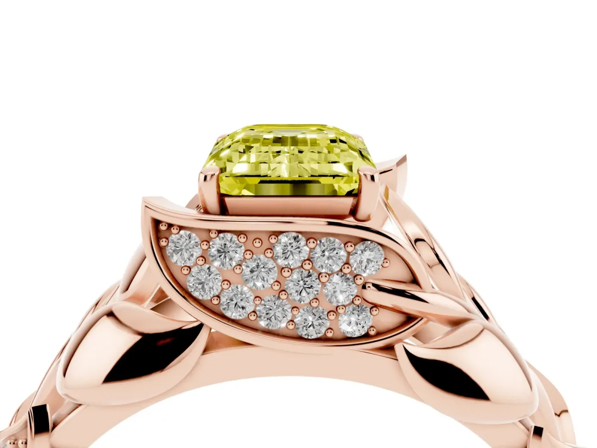 Fancy Yellow Emerald Cut Diamond Leaf-Inspired Engagement Ring with Round Accents and Prong Setting Rose gold