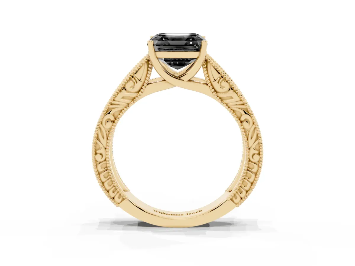 Fancy Black Asscher Cut Diamond Solitaire Ring with Engraved Band and Four-Prong Setting Yellow gold