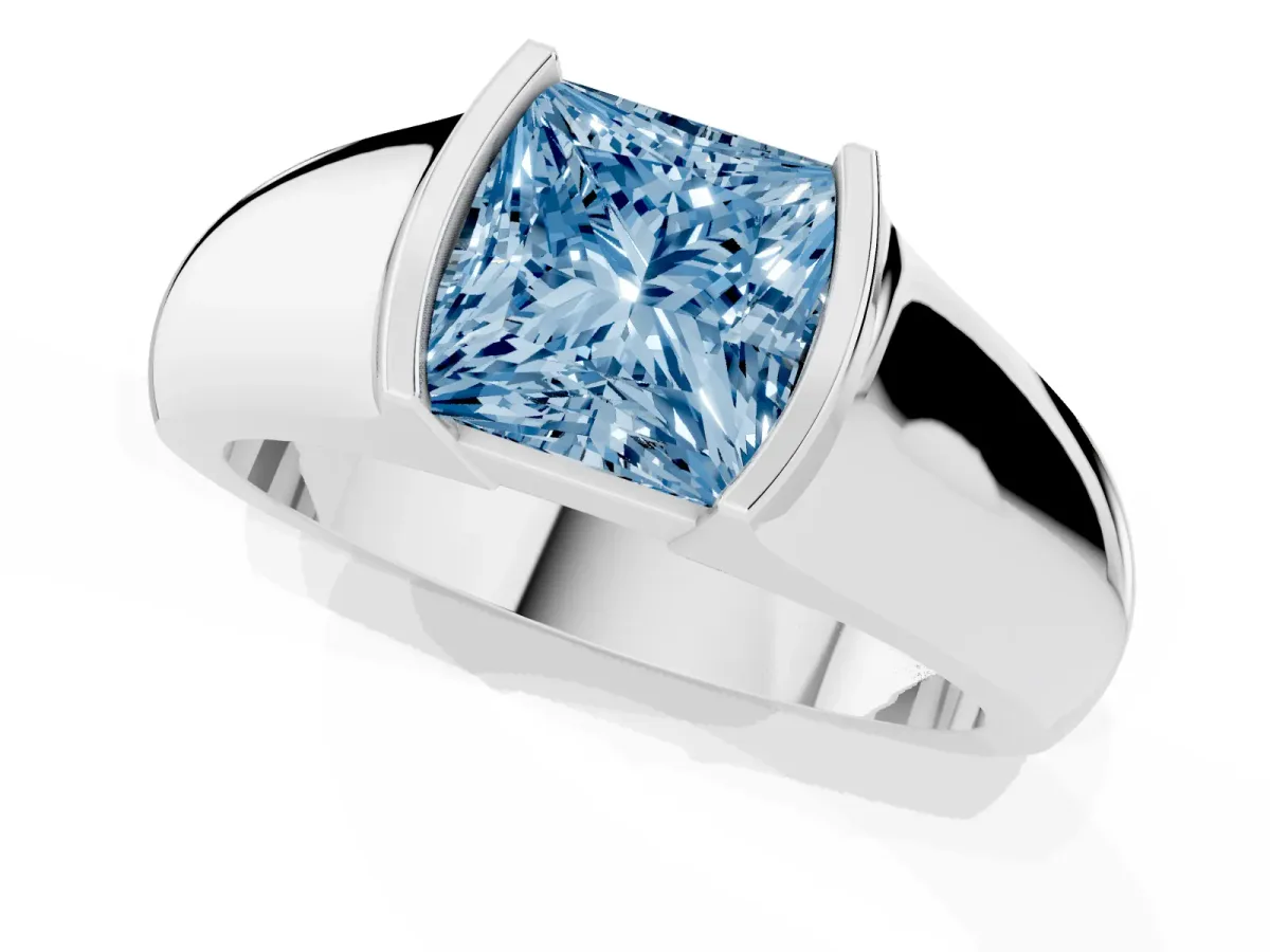 Fancy Blue Princess Cut Solitaire Bezel Set Diamond Ring with Wide Band Silver