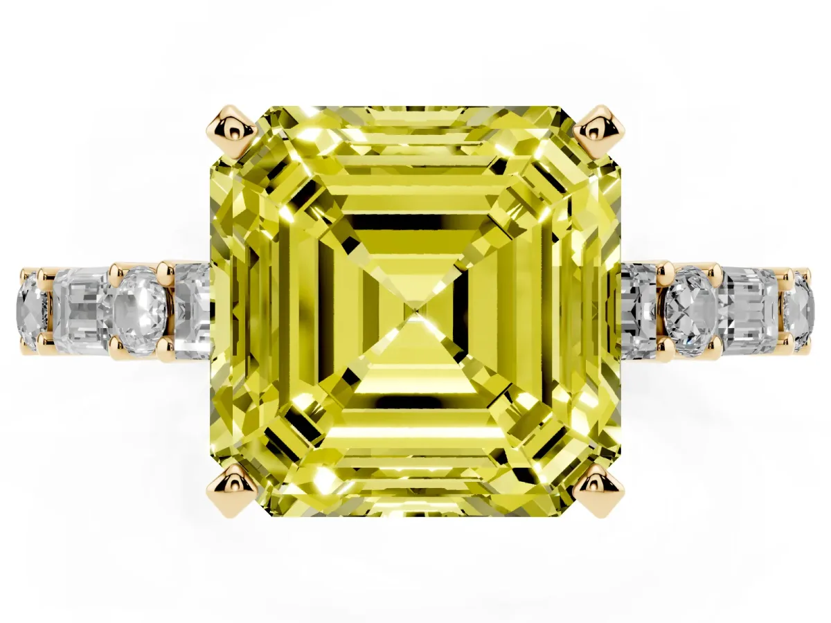 Fancy Yellow Asscher Cut Diamond Solitaire with Side Baguettes and Channel Set Band Yellow gold