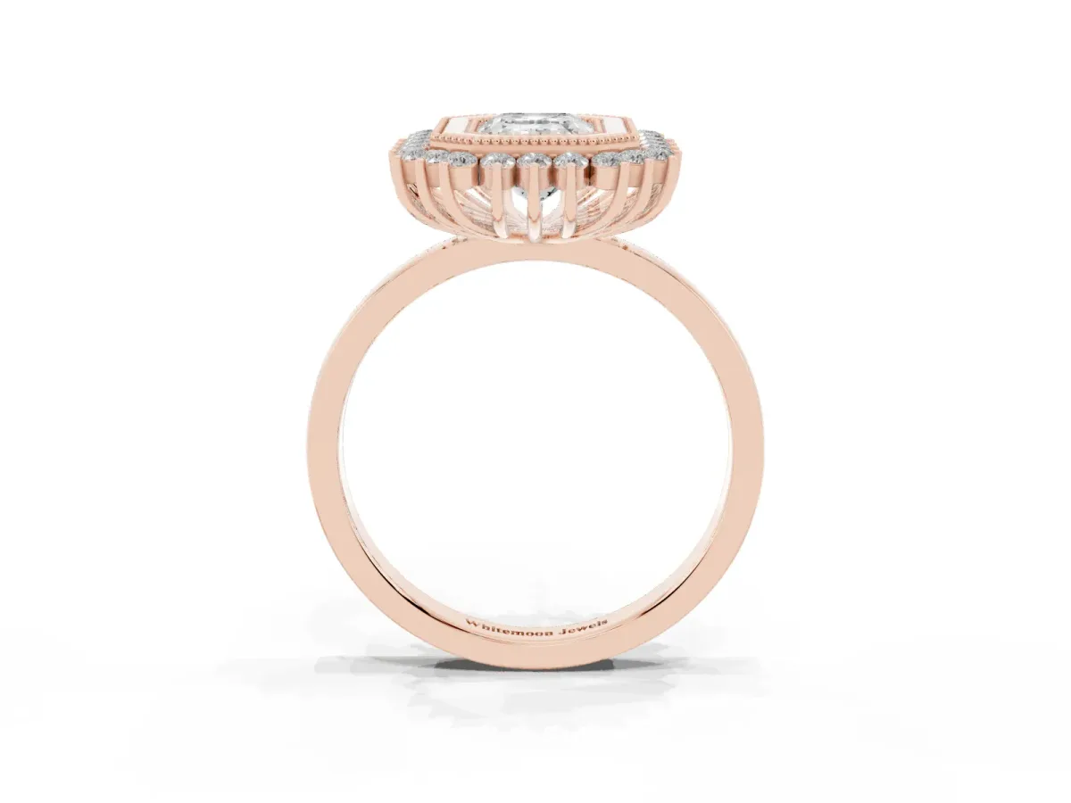 Emerald Cut Halo Diamond Ring with Milgrain Edge and Round Prong Setting Rose gold