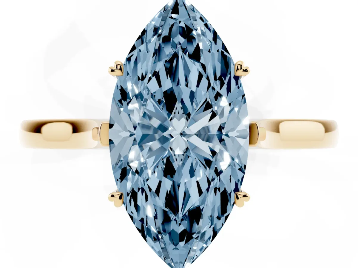 Fancy Blue Marquise Cut Solitaire Heart Prong Engagement Ring with Tapered Band Yellow gold