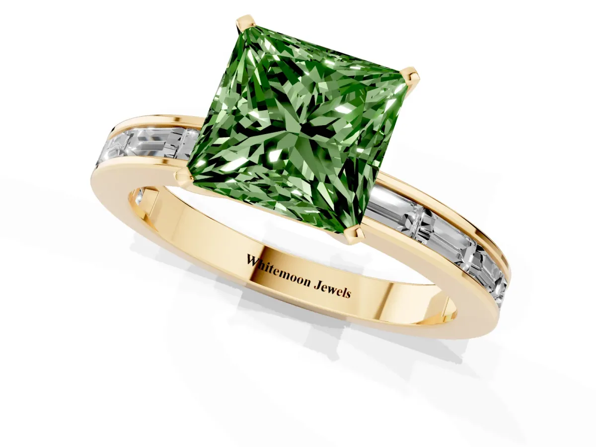 Fancy Green Princess Cut Solitaire Diamond Ring with Channel-Set Baguette Band and Four-Prong Setting Yellow gold