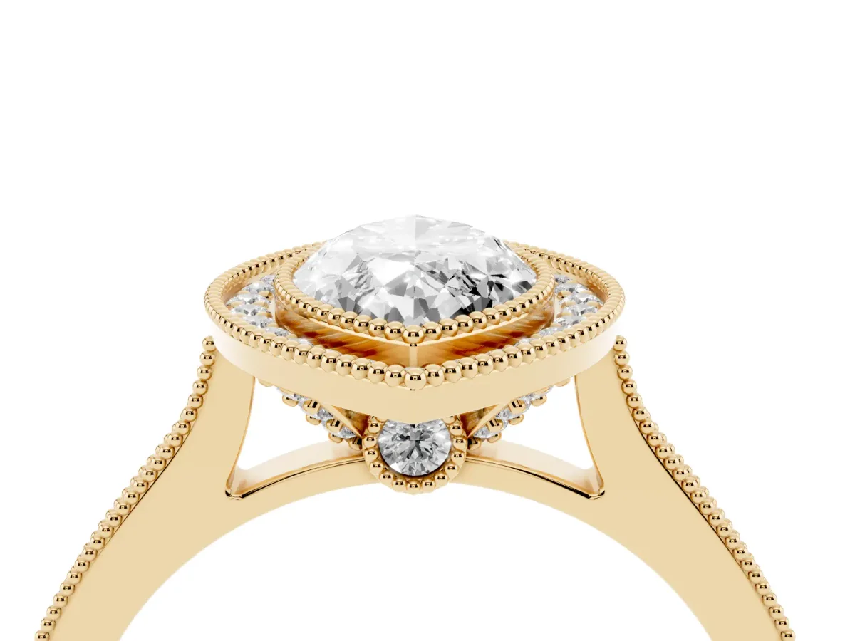 Halo Marquise Cut-Cut Diamond Pave Band Milgrain Prong Setting Ring Yellow gold