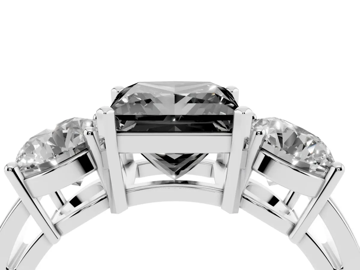 Fancy Black Three-Stone Princess Cut Diamond Ring with Round Side Stones, Classic Band, and Four-Prong Setting Platinum