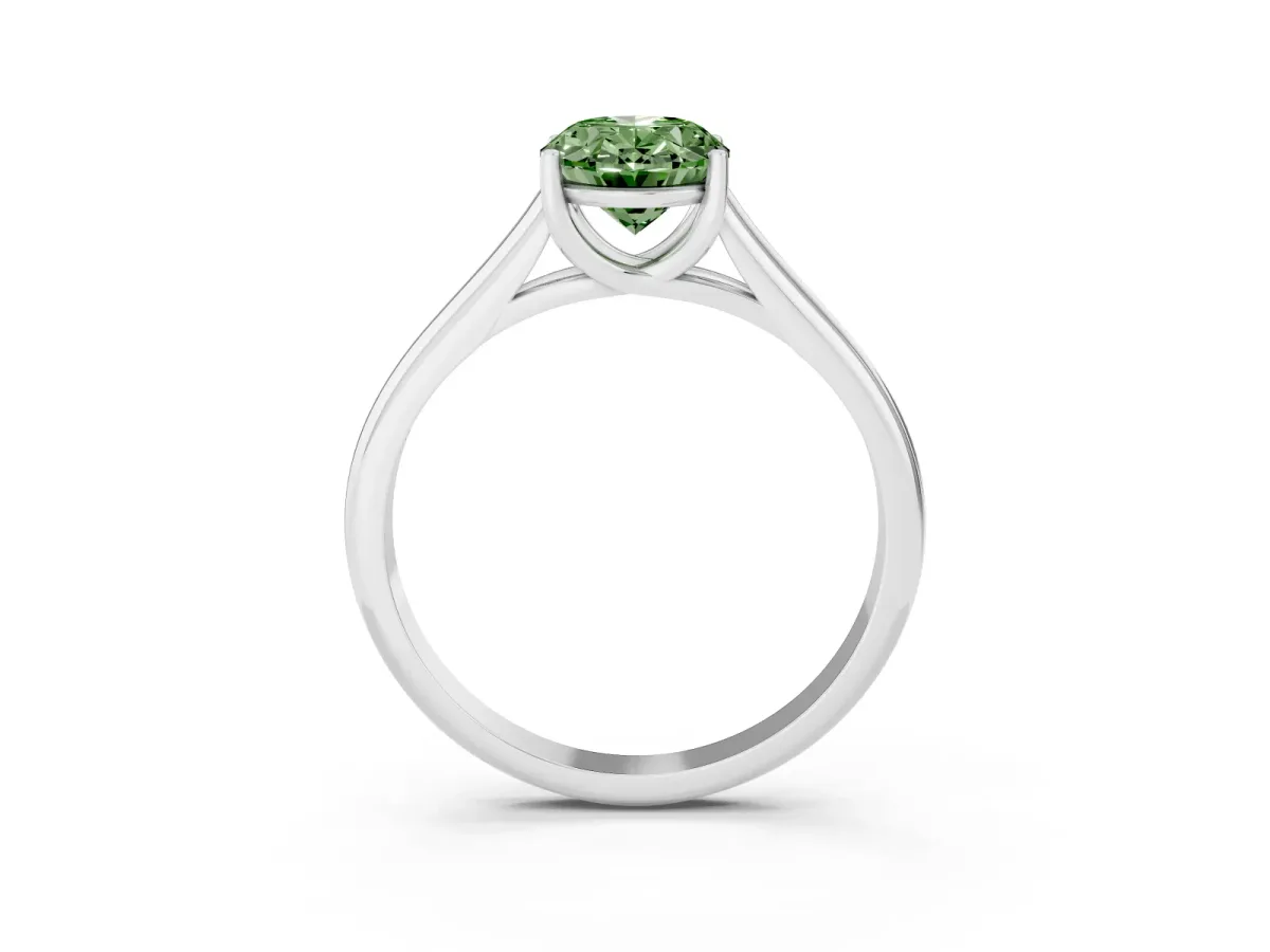 Fancy Green Oval Cut Solitaire Engagement Ring with Tapered Band and Four-Prong Setting Silver