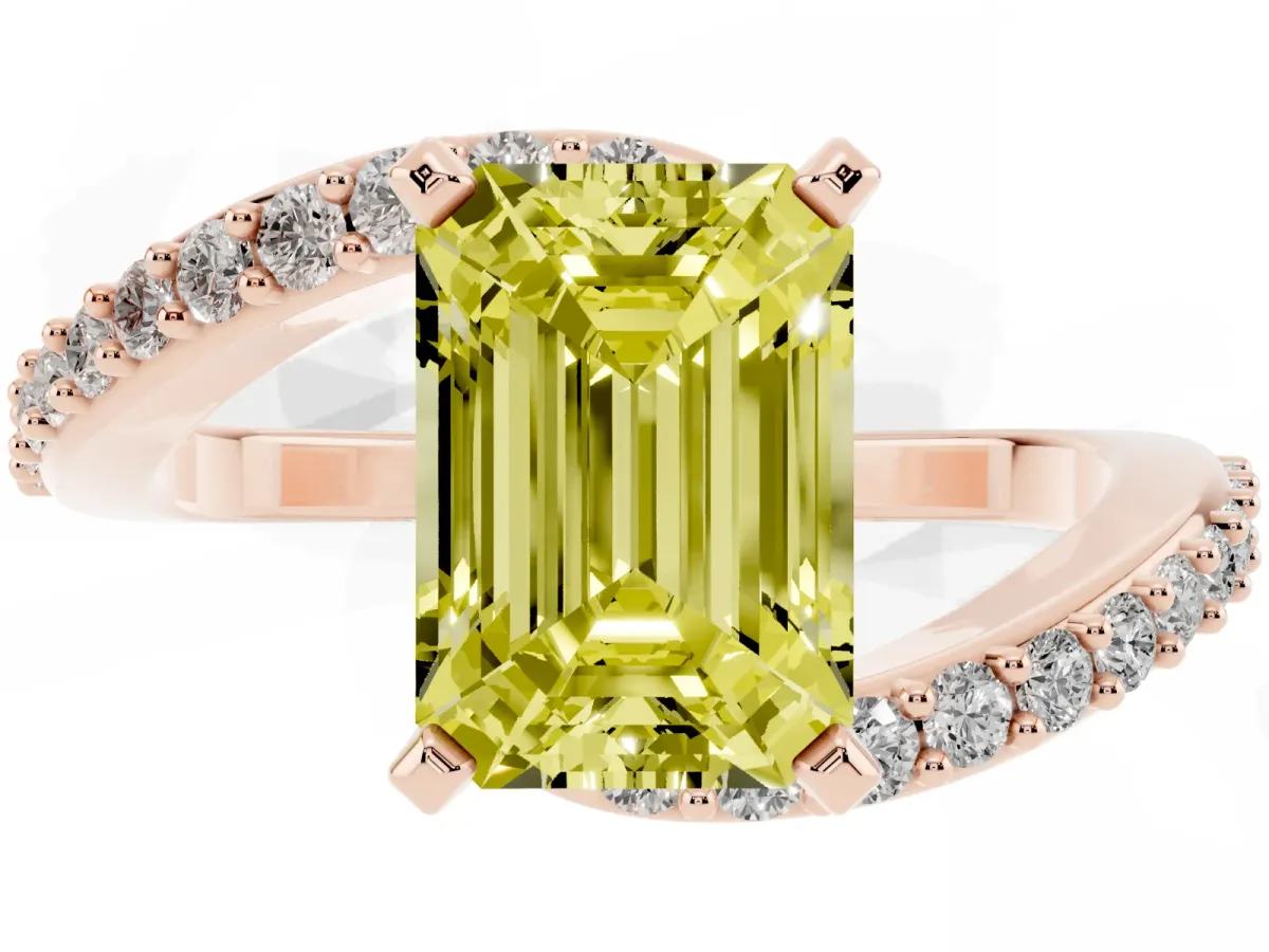 Fancy Yellow Emerald Cut Solitaire Twist Band with Pave Set Diamonds and Four-Prong Setting Rose gold