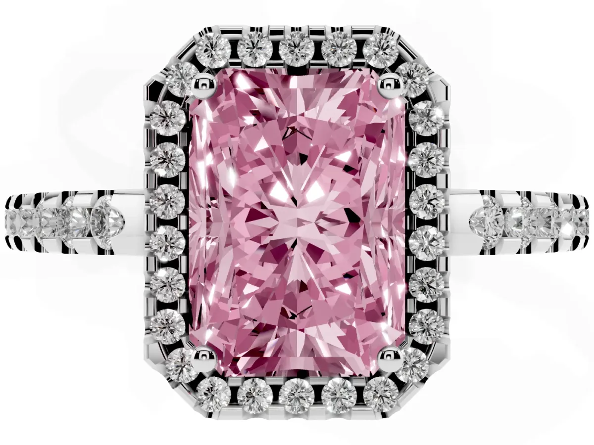Fancy Pink Radiant Cut Diamond Halo Engagement Ring with Pavé Band and Prong Setting Silver