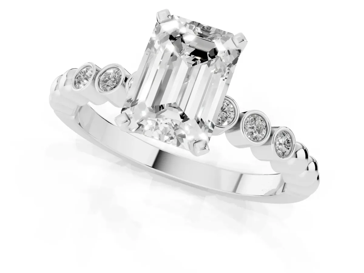 Emerald Cut Solitaire Bezel Accent Diamond Engagement Ring with Beaded Band and Four-Prong Setting Silver