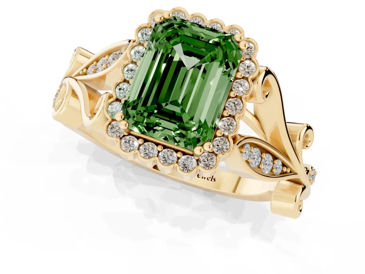 Fancy Green Emerald Cut Diamond Halo Ring with Vintage Split Shank and Four-Prong Setting Yellow gold
