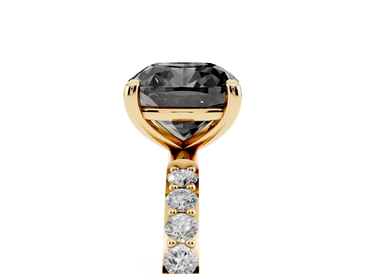 Fancy Black Cushion Cut Diamond Solitaire Ring with Round Pavé Band and Prong Setting Yellow gold