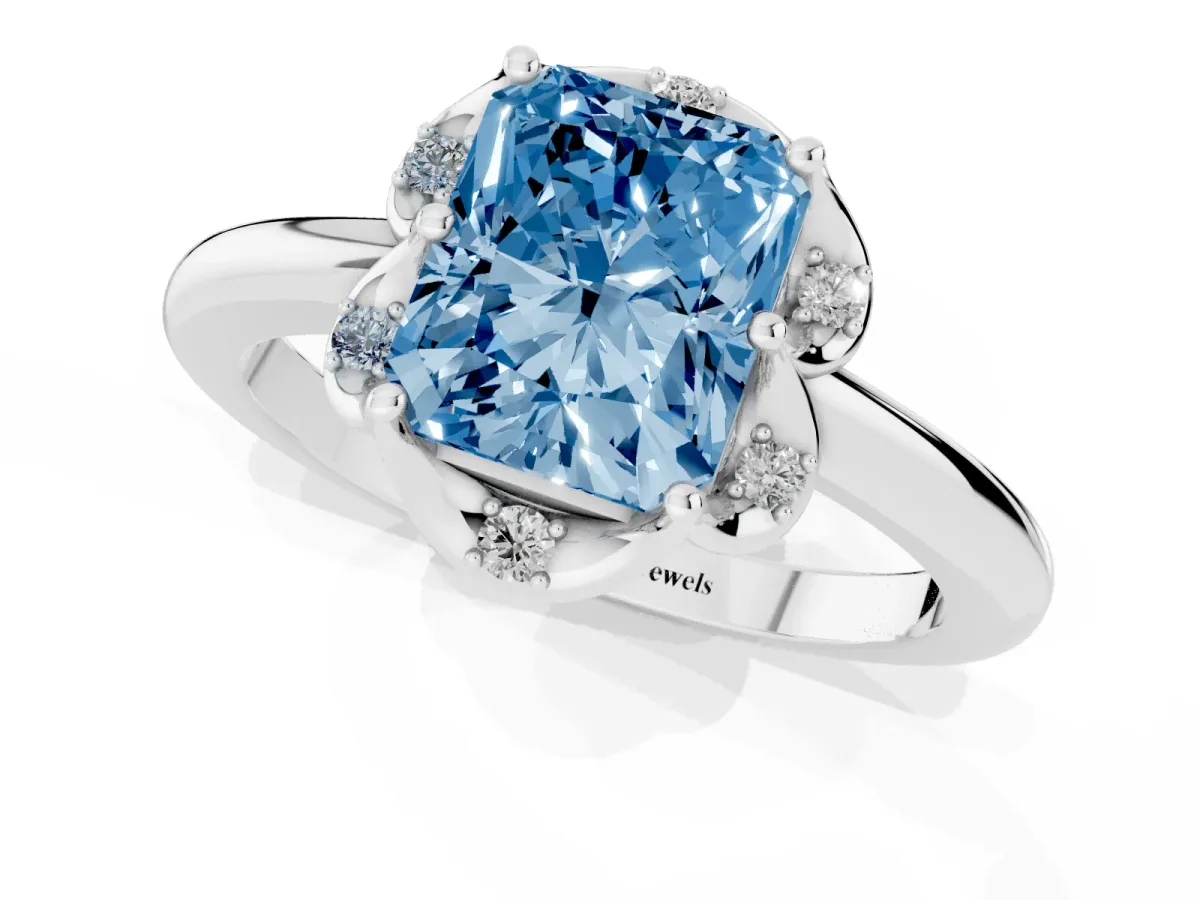 Fancy Blue Radiant Cut Halo Diamond Ring with Round Cluster Setting, Solitaire Band, and Four-Prong Setting Platinum