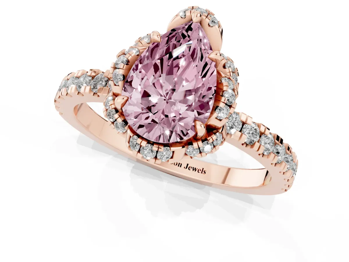 Fancy Pink Pear Cut Diamond Halo Pave Band with Four-Prong Setting Rose gold