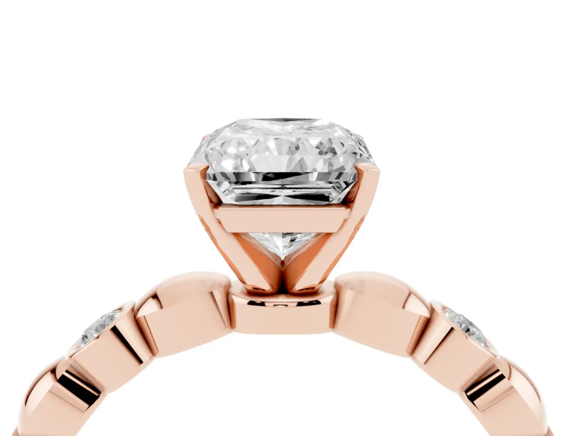 Radiant Cut Solitaire Bezel-Set Diamond Ring with Beaded Band and Four-Prong Setting Rose gold