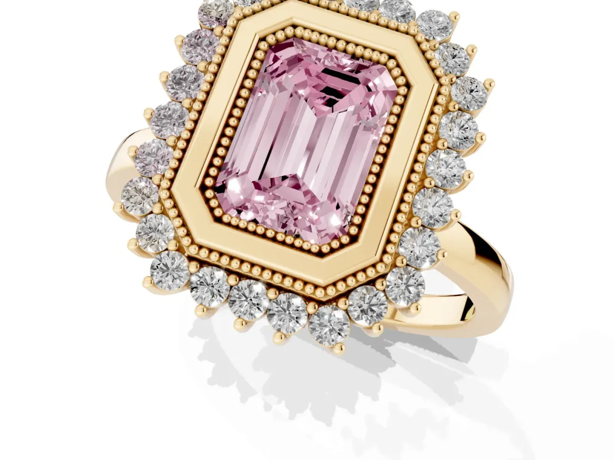 Fancy Pink Emerald Cut Halo Diamond Ring with Milgrain Edge and Round Prong Setting Yellow gold