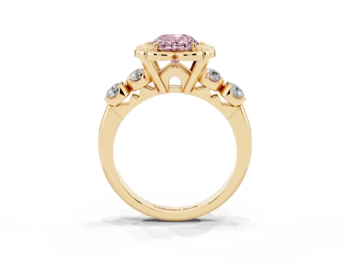 Fancy Pink Oval Cut Cut Diamond Floral Halo Engagement Ring with Shared Prong Setting Yellow gold