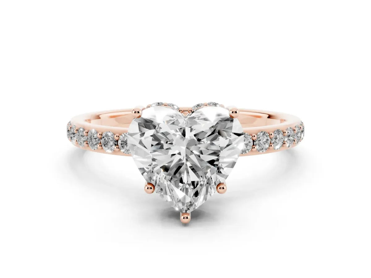 Heart Cut Diamond Solitaire Ring with Pavé Band and Hidden Halo Rose gold