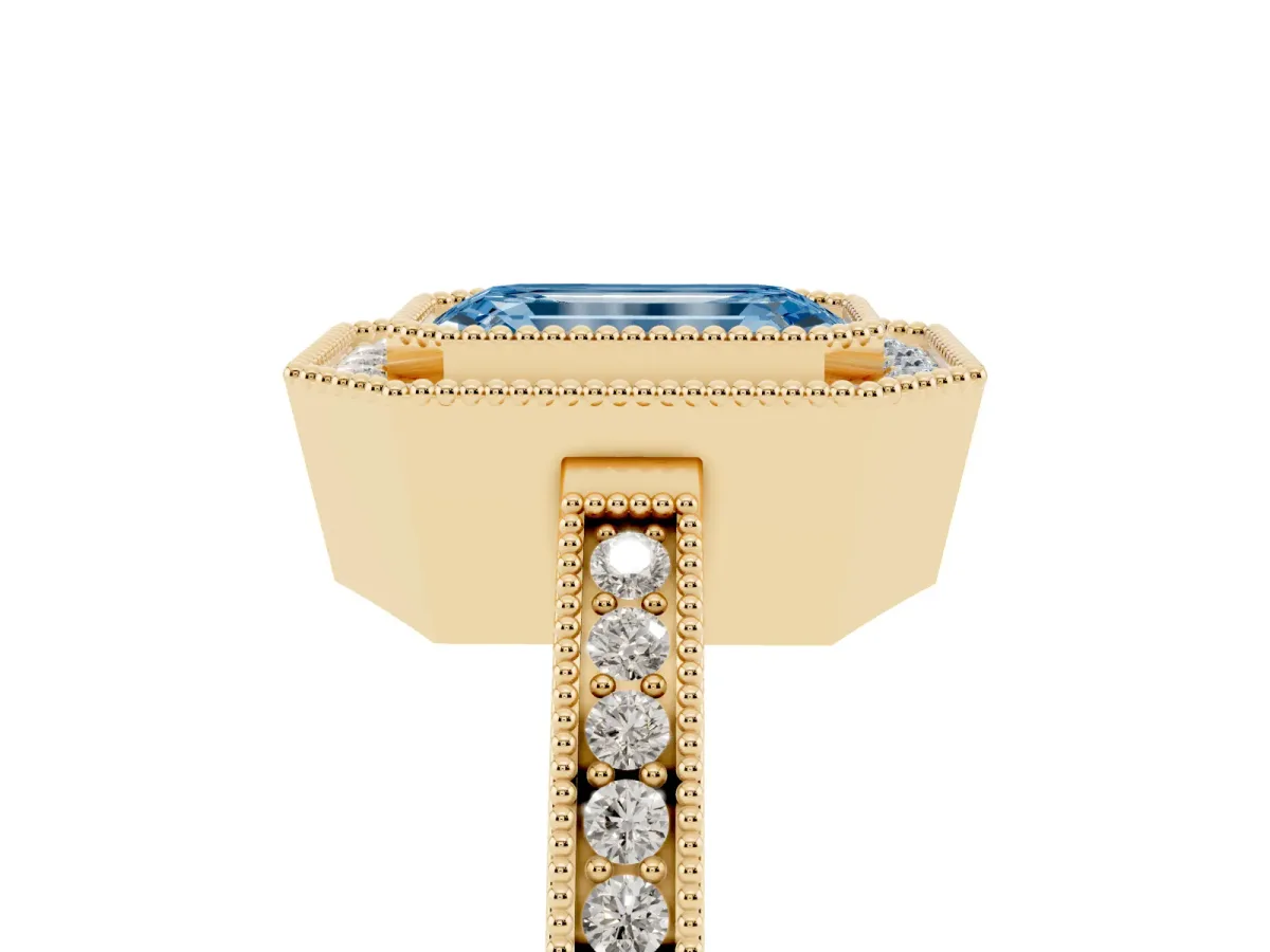 Fancy Blue Emerald Cut Cut Halo Diamond Ring with Pavé Band and Milgrain Prong Setting Yellow gold
