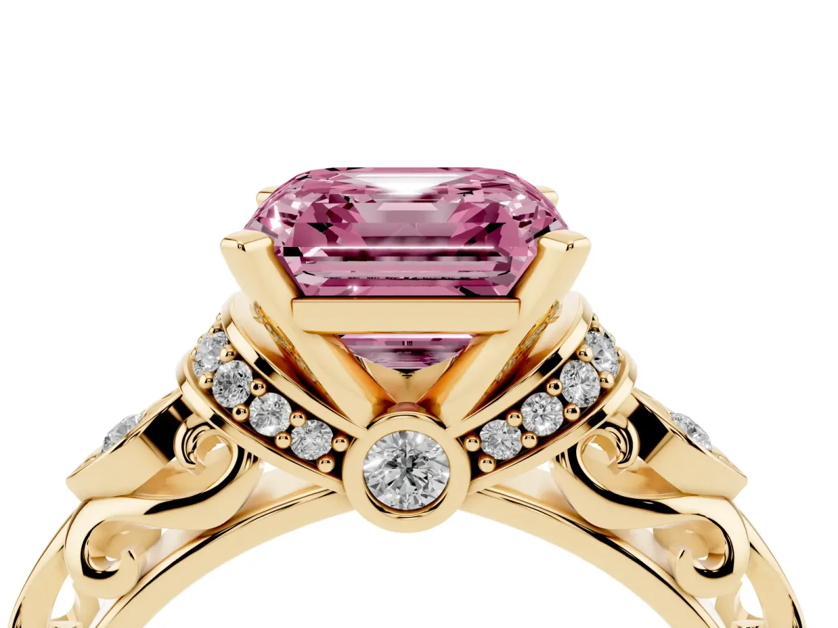 Fancy Pink Asscher Cut Diamond Solitaire Ring with Filigree Band and Four-Prong Setting Yellow gold
