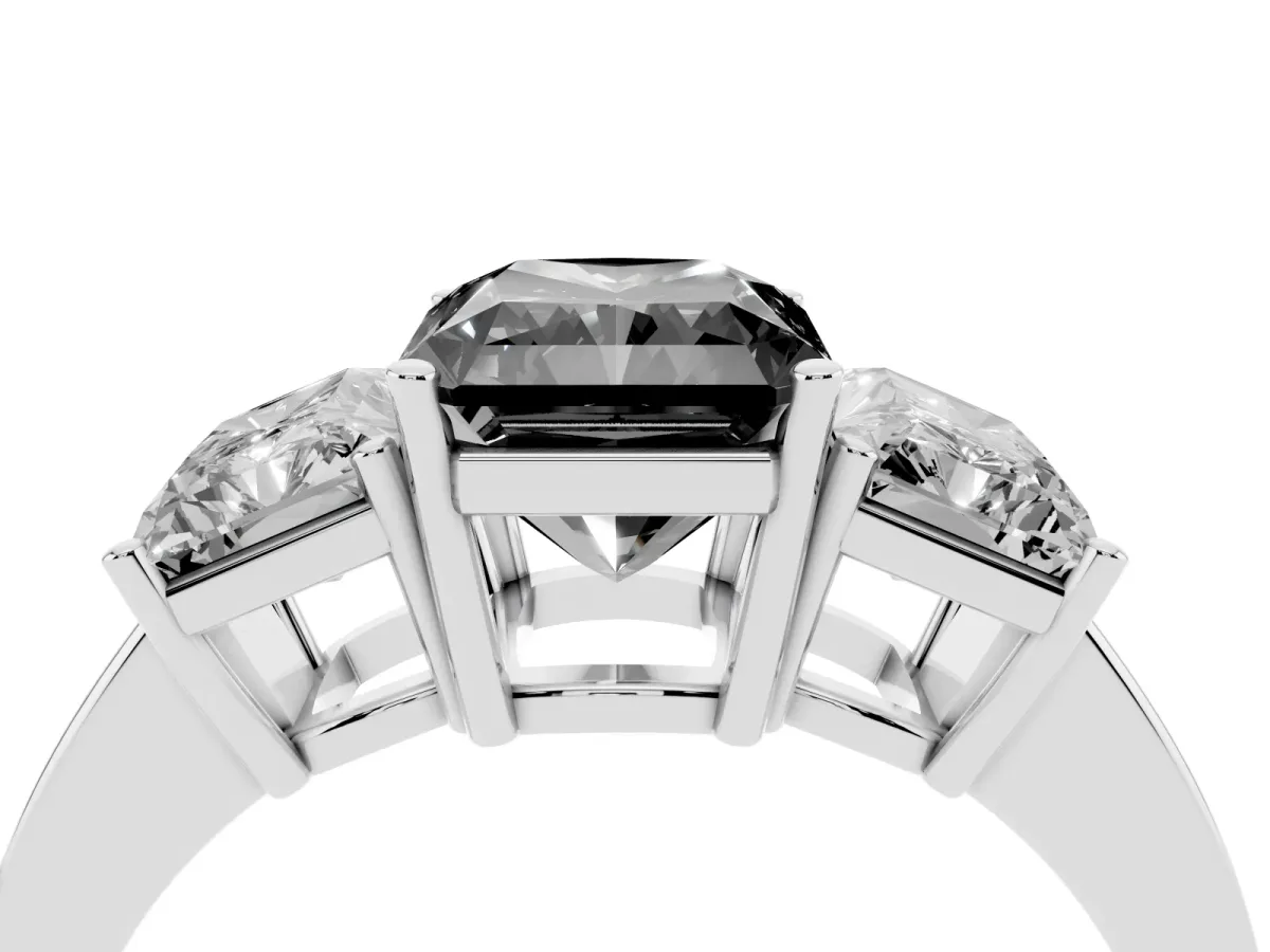 Fancy Black Three-Stone Radiant Cut Cut Diamond Engagement Ring with Flat Band and Four-Prong Setting Silver