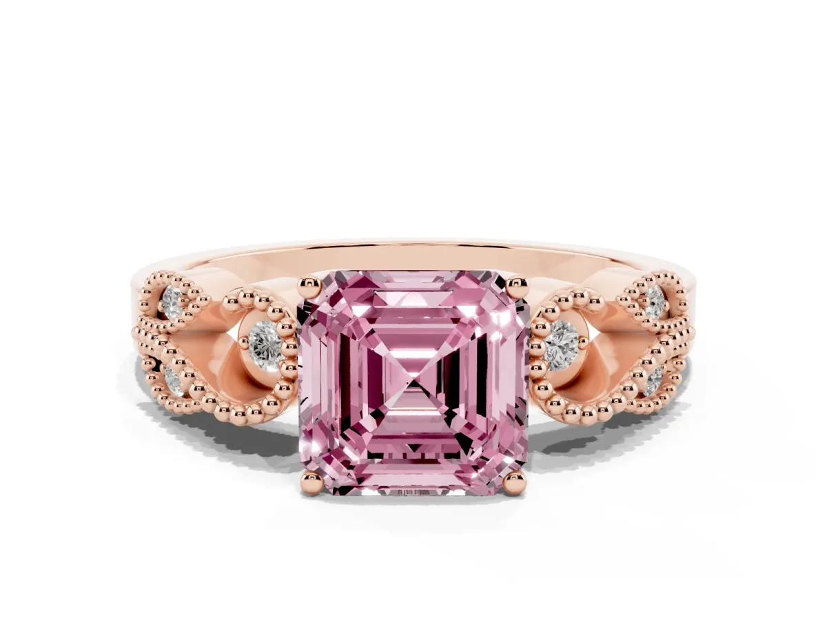 Fancy Pink Asscher Cut Solitaire Milgrain Leaf Band with Prong Setting Rose gold