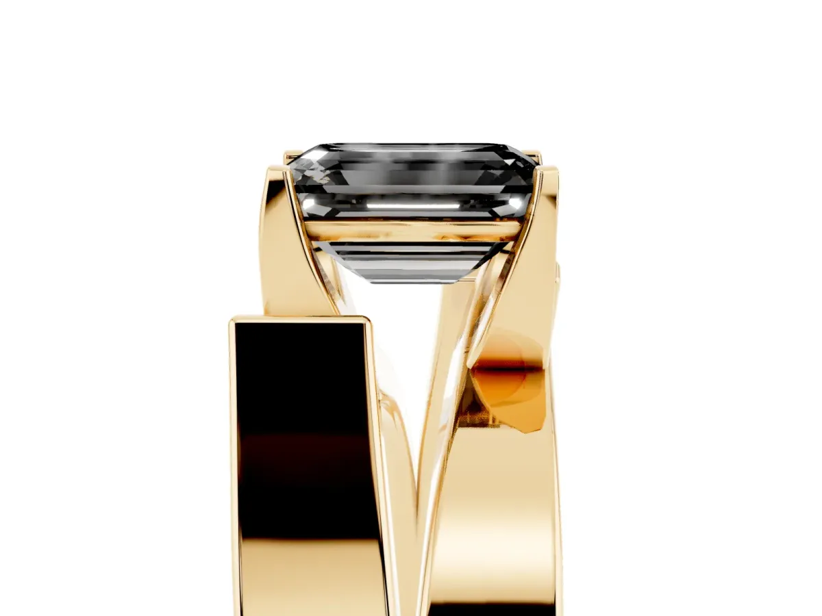 Fancy Black Modern Tension Set Emerald Cut Diamond Solitaire Wide Band Ring Yellow gold