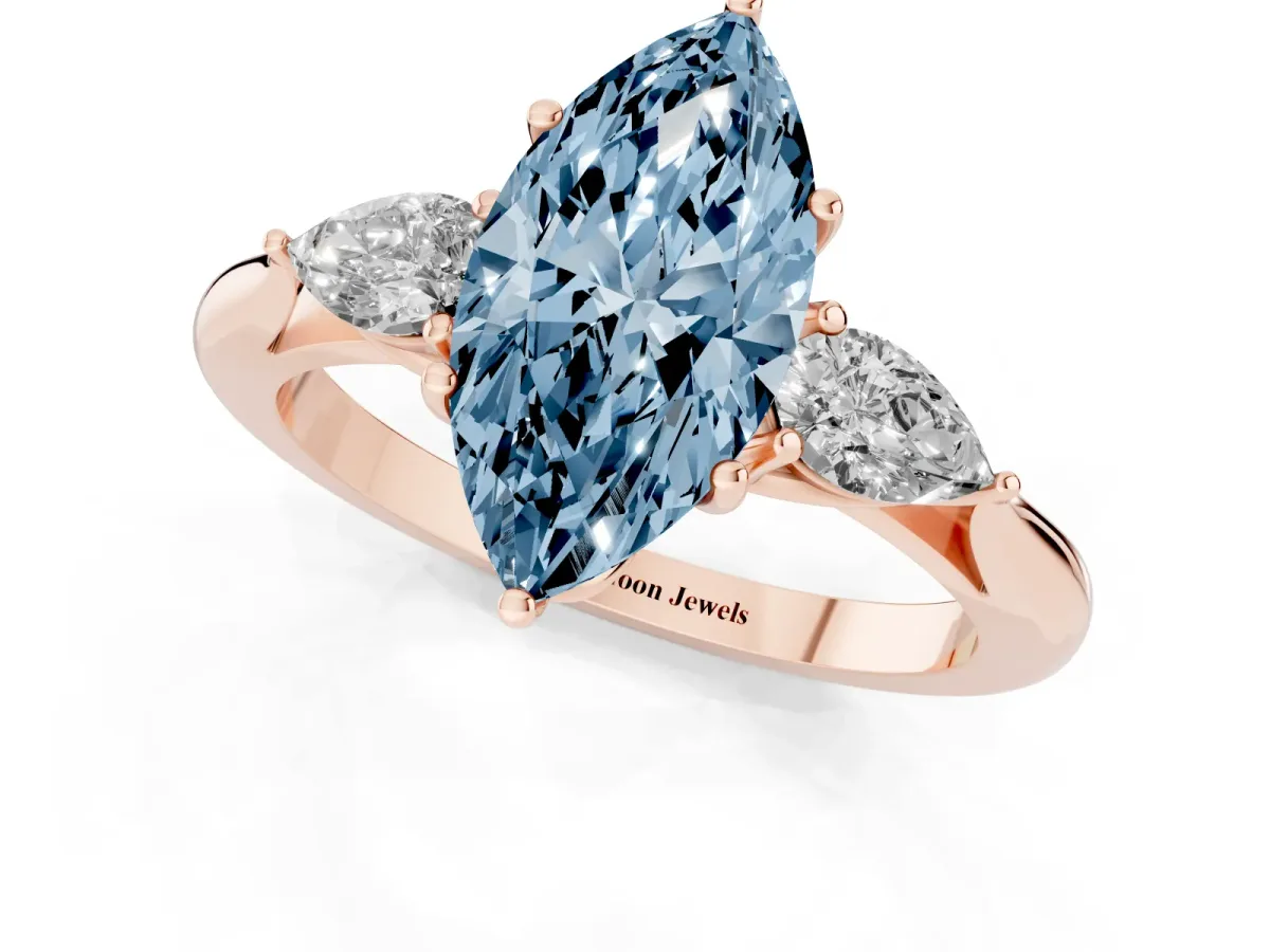 Fancy Blue Marquise Cut Diamond Three-Stone Ring with Pear Side Stones and Prong Setting Rose gold