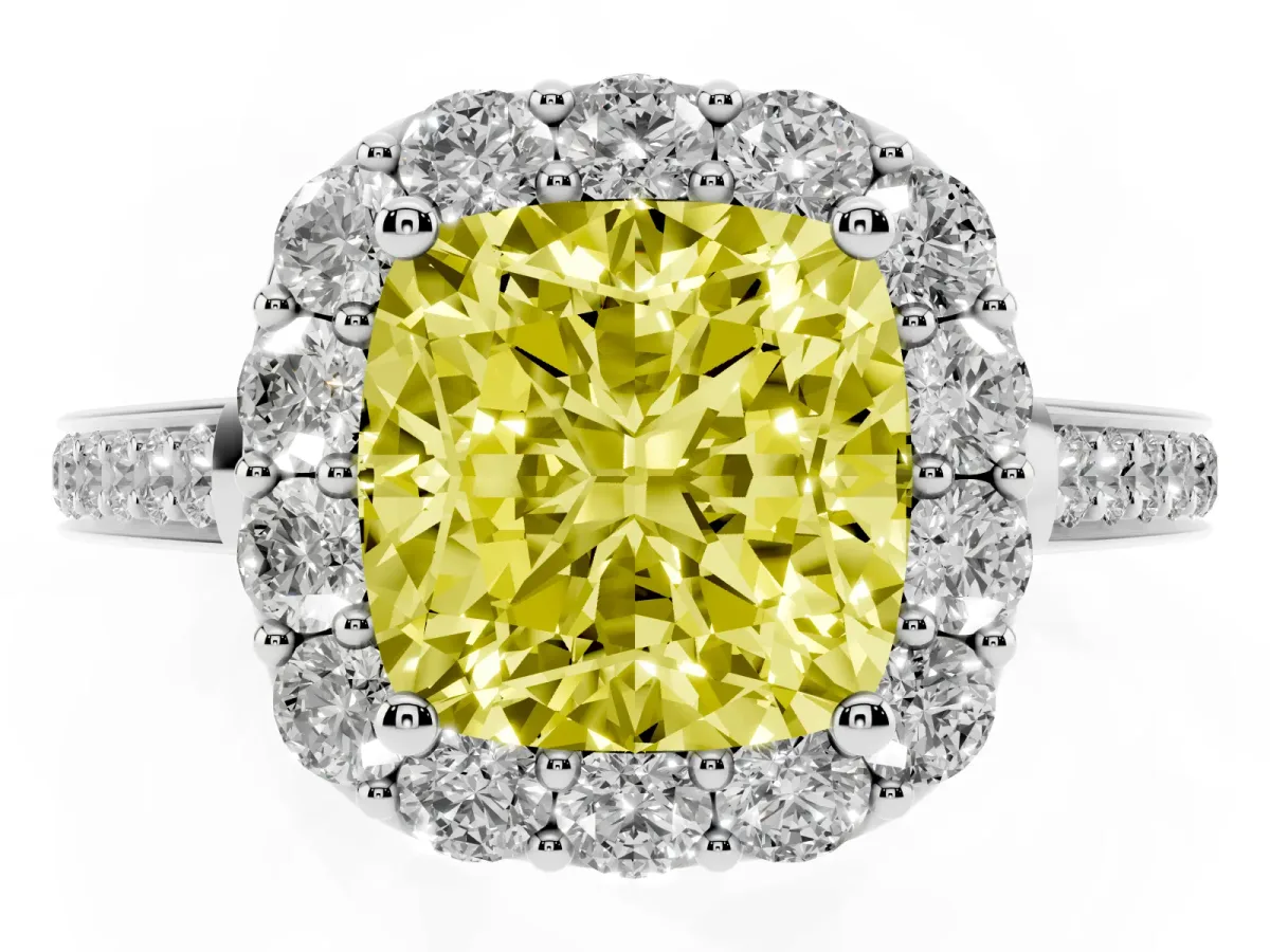 Fancy Yellow Cushion Cut Diamond Floral Halo Ring with Pavé Band and Prong Setting Platinum