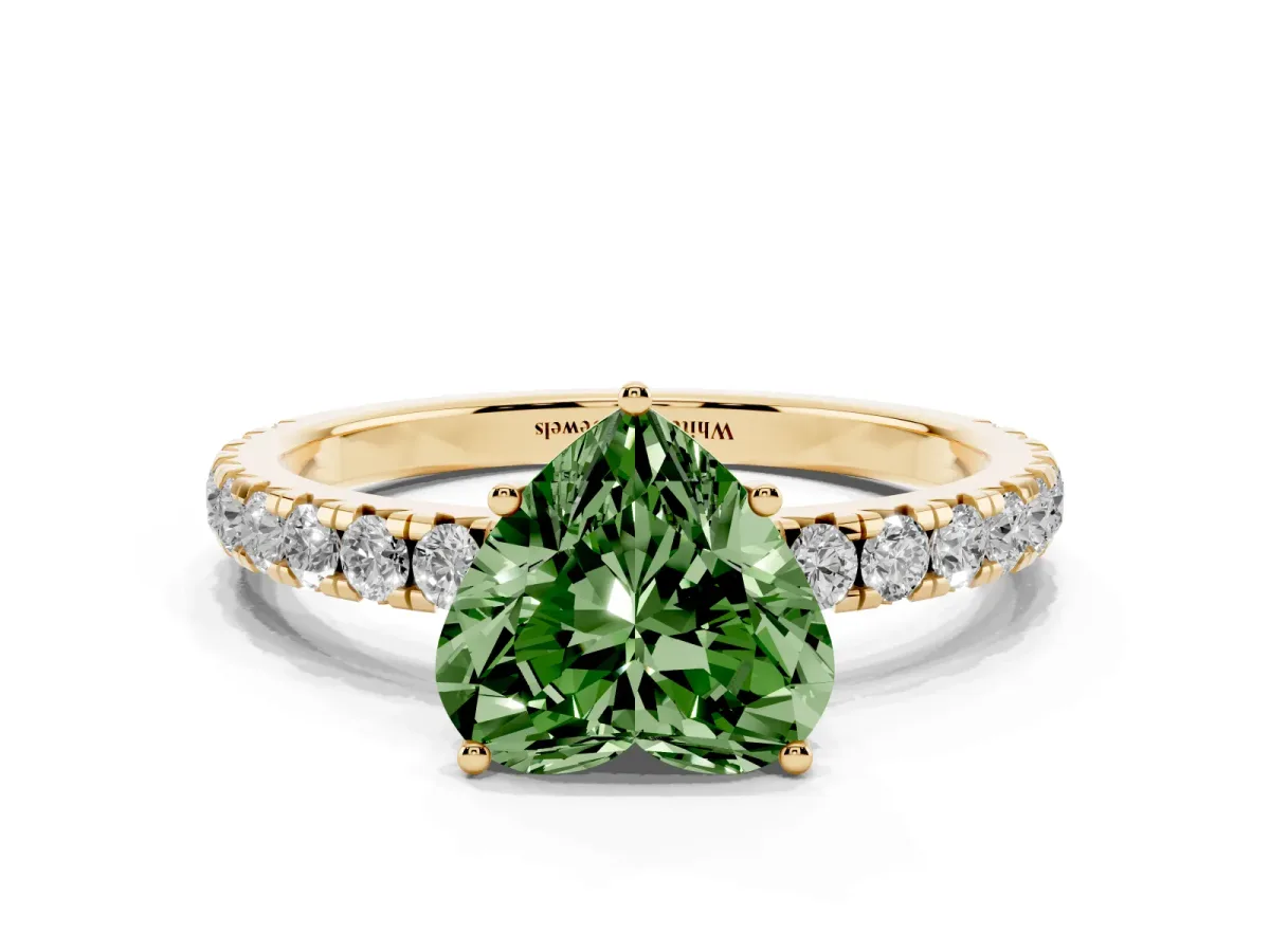 Fancy Green Heart Cut Diamond Pavé Solitaire Engagement Ring with Four-Prong Setting Yellow gold