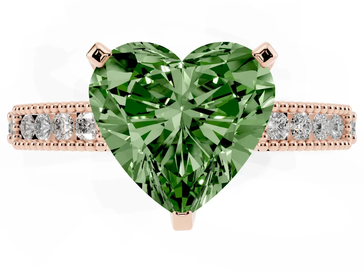 Fancy Green Heart Cut Solitaire with Pavé Band and Four-Prong Setting Rose gold