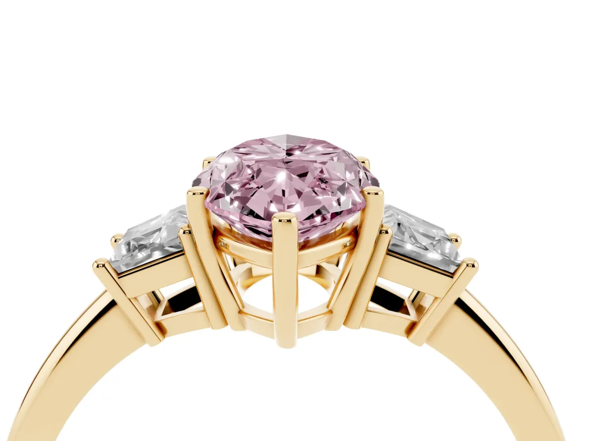 Fancy Pink Marquise Cut Diamond Three-Stone Ring with Trapezoid Side Stones and Prong Setting Yellow gold