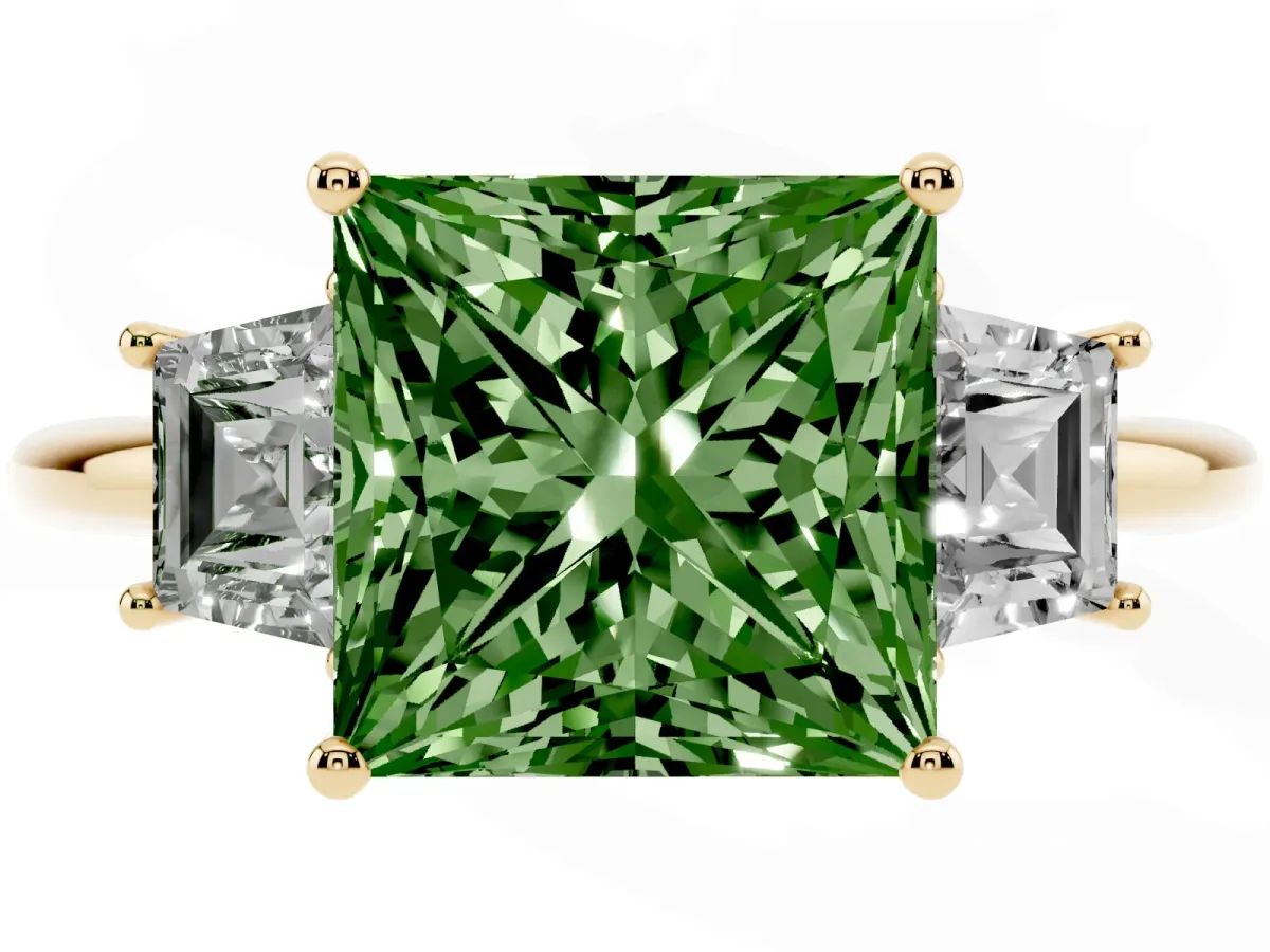 Fancy Green Princess Cut Diamond Three-Stone Ring with Trapezoid Side Stones and Prong Setting Yellow gold