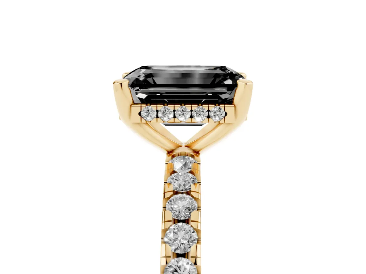 Fancy Black Emerald Cut Diamond Solitaire Ring with Round Pavé Band and Four-Prong Setting Yellow gold