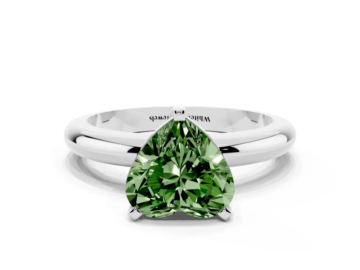 Fancy Green Heart Cut Diamond Solitaire Engagement Ring with Round Band and Four-Prong Setting Silver