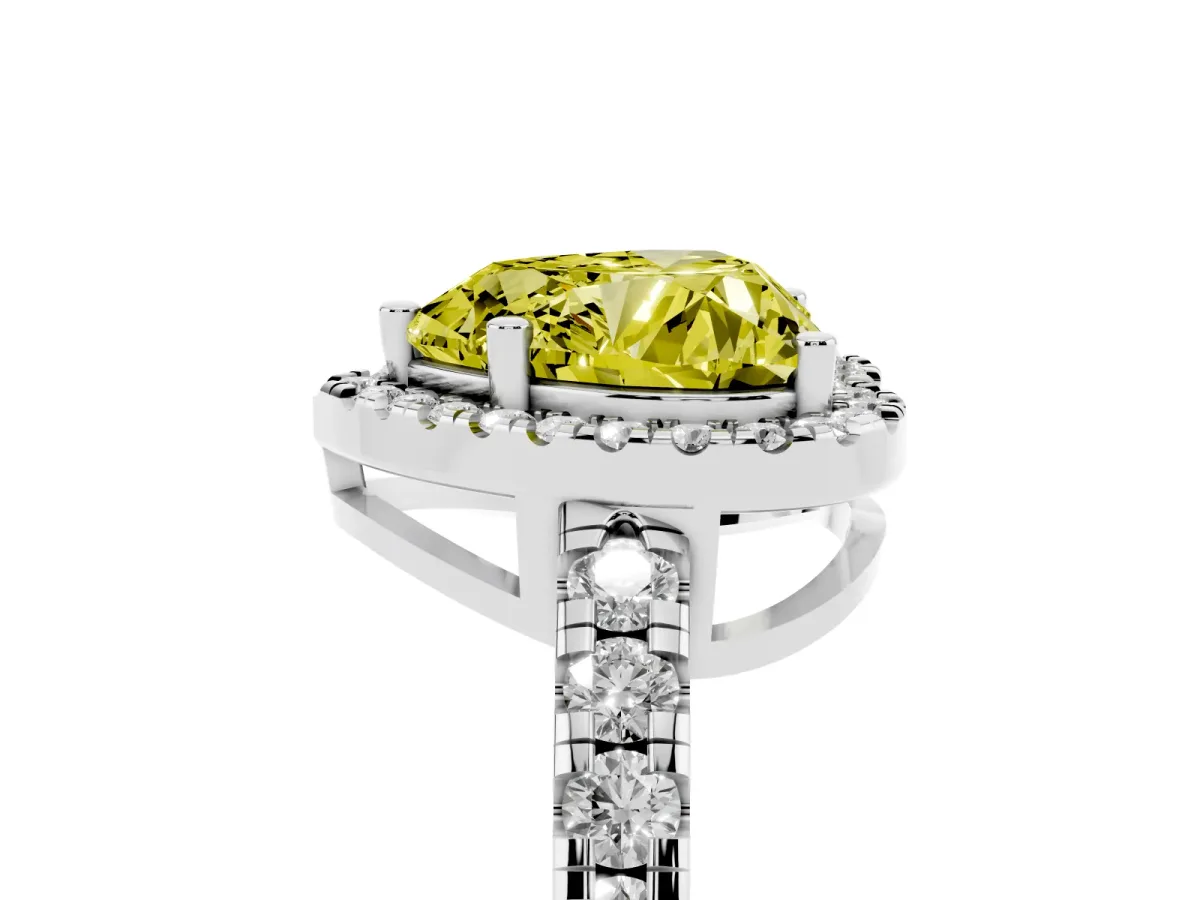 Fancy Yellow Heart Cut Diamond Halo Ring with Pavé Band and Four-Prong Setting White gold