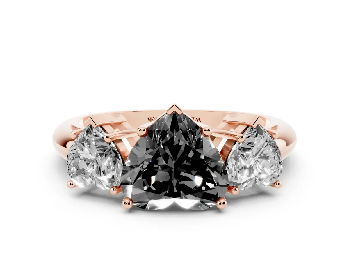 Fancy Black Three-Stone Heart Cut Cut Diamond Engagement Ring with Prong Setting on a White Gold Band Rose gold