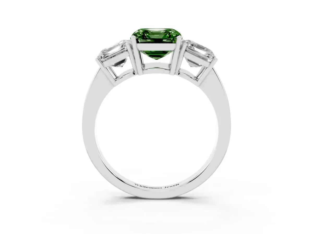 Fancy Green Three-Stone Asscher Cut Cut Diamond Engagement Ring with Flat Band and Four-Prong Setting Silver