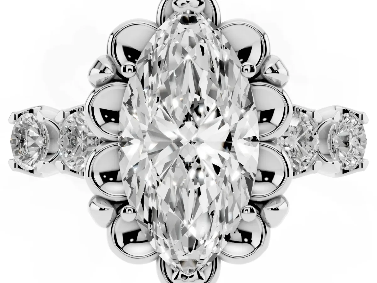 Marquise Cut Cut Diamond Floral Halo Engagement Ring with Shared Prong Setting Silver